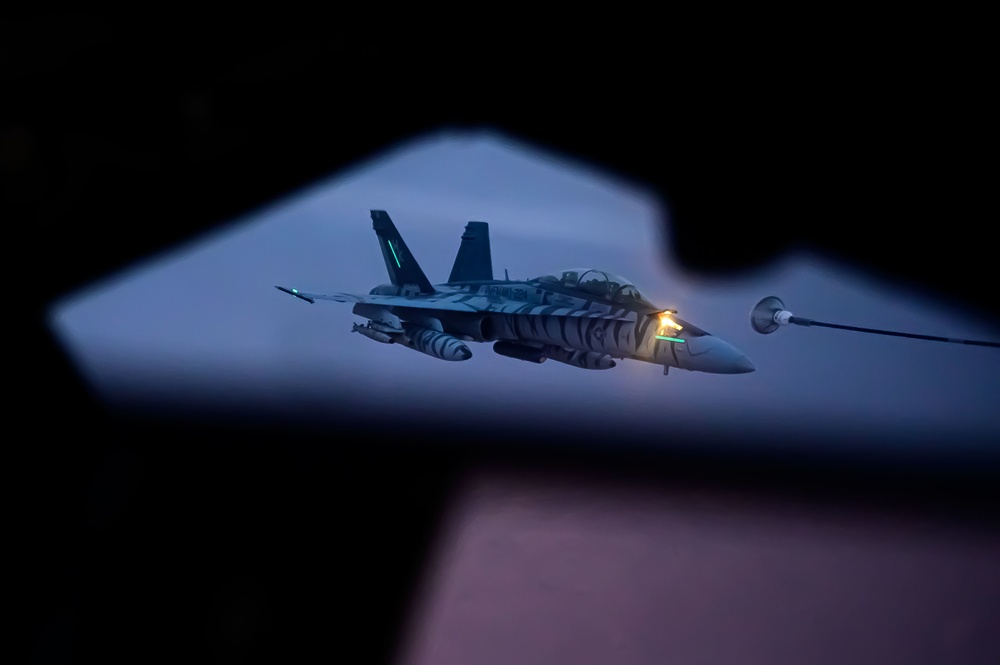 KC-135 Stratotanker Refuels F/A-18D Hornets