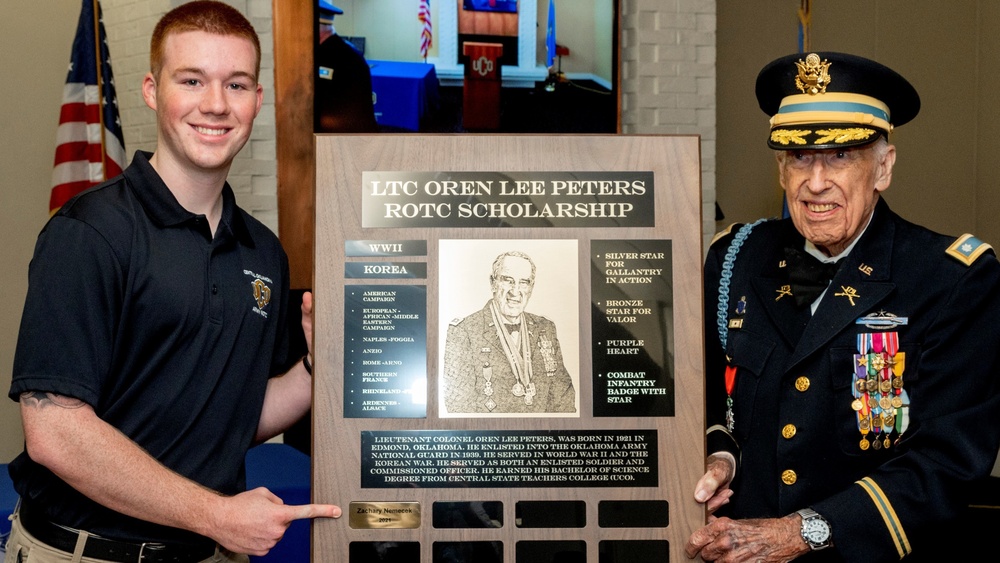 100 year old WW-II and Korea veteran awards a scholarship in his name to UCO ROTC Cadet