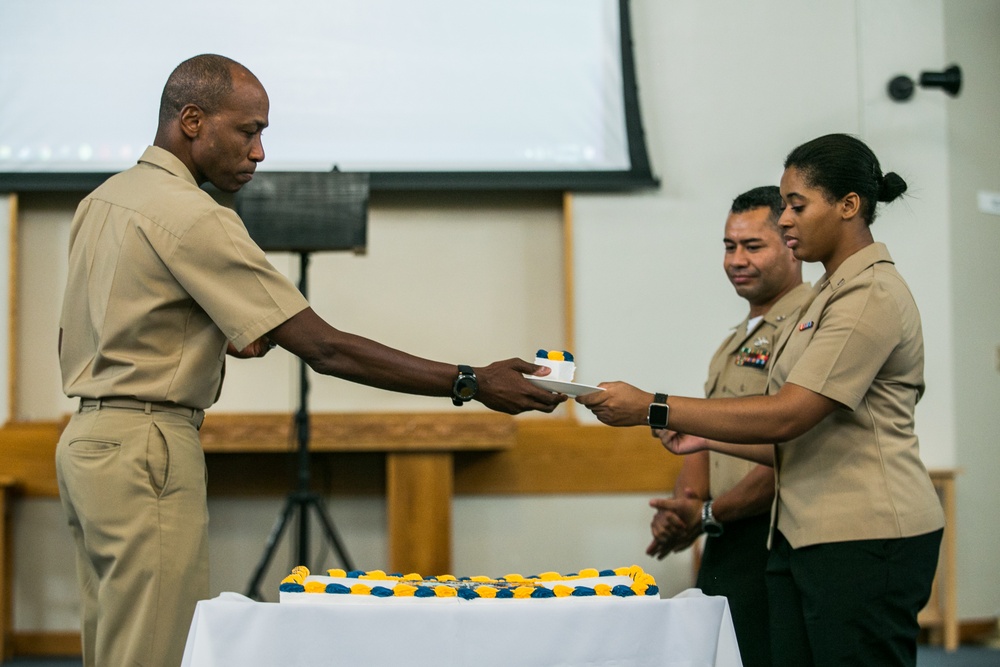 Marines and Sailors with 3d Marine Logistics Group celebrate the 123rd Birthday of the U.S. Navy Hospital Corpsmen