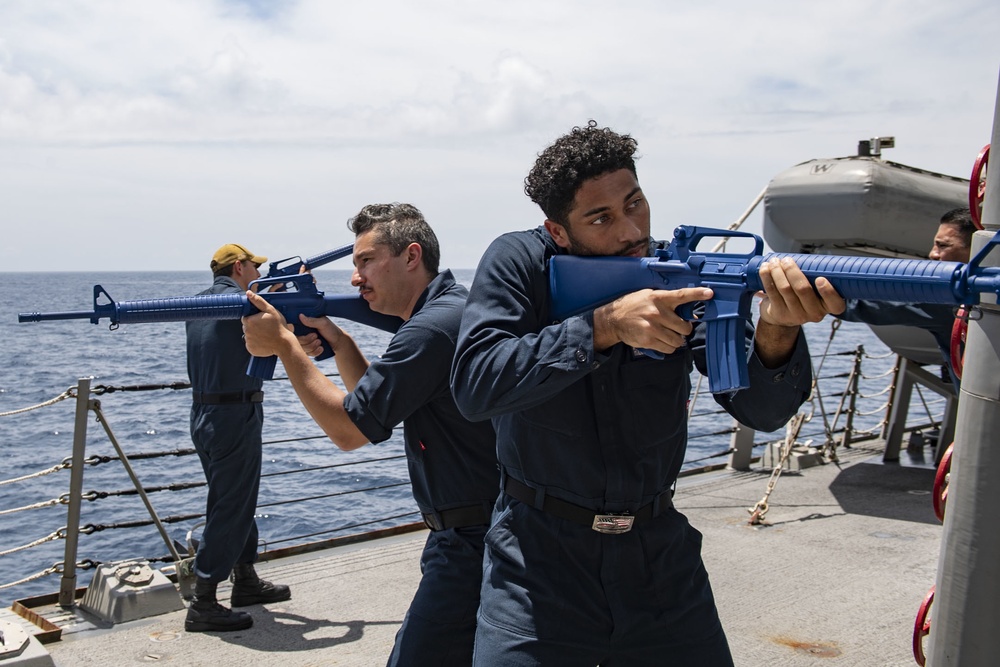 Sailors aboard Arleigh Burke-class guided-missile destroyer USS Rafael Peralta (DDG 115) conduct Visit, Board, Search and Seizure (VBSS) training