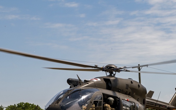 A UH-72 Lakota and air crew participate in medevac exercise at PATRIOT 21