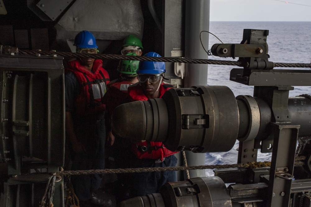 USS America conducts a replenishment-at-sea with the fleet replenishment oiler USNS Rappahannock