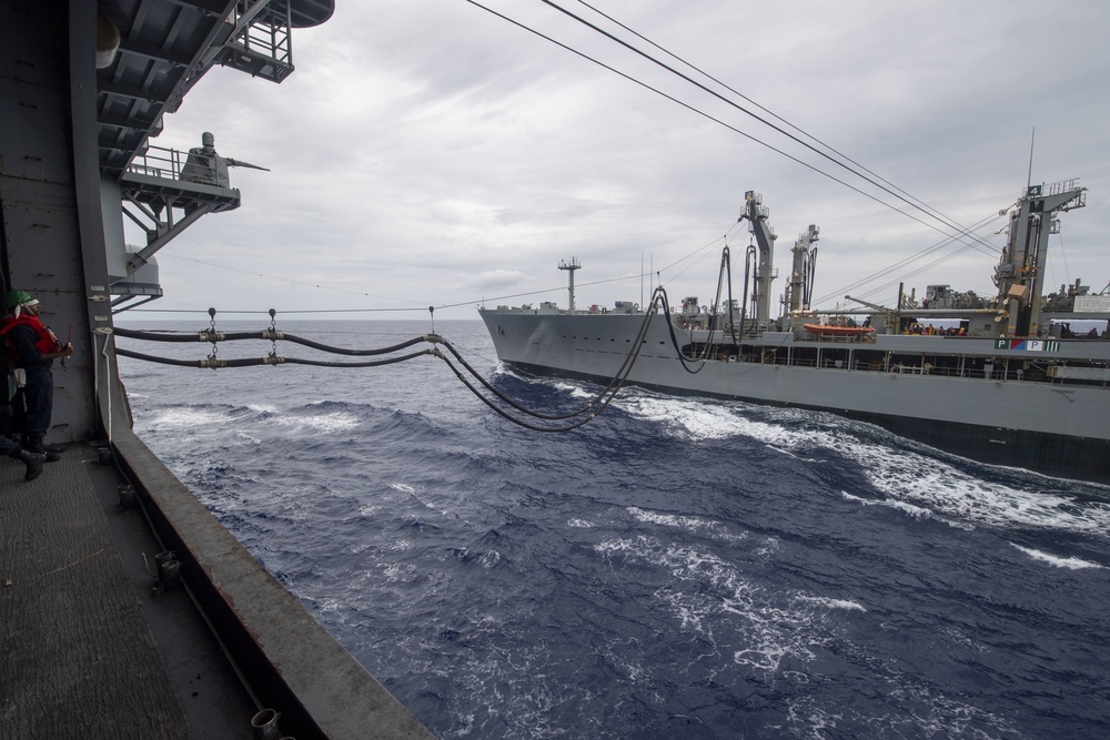 USS America conducts a replenishment-at-sea with the fleet replenishment oiler USNS Rappahannock