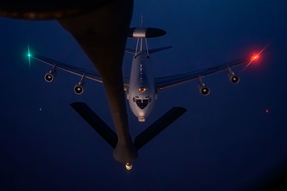 KC-135 Stratotanker Refuels E-3 Sentry AWACS