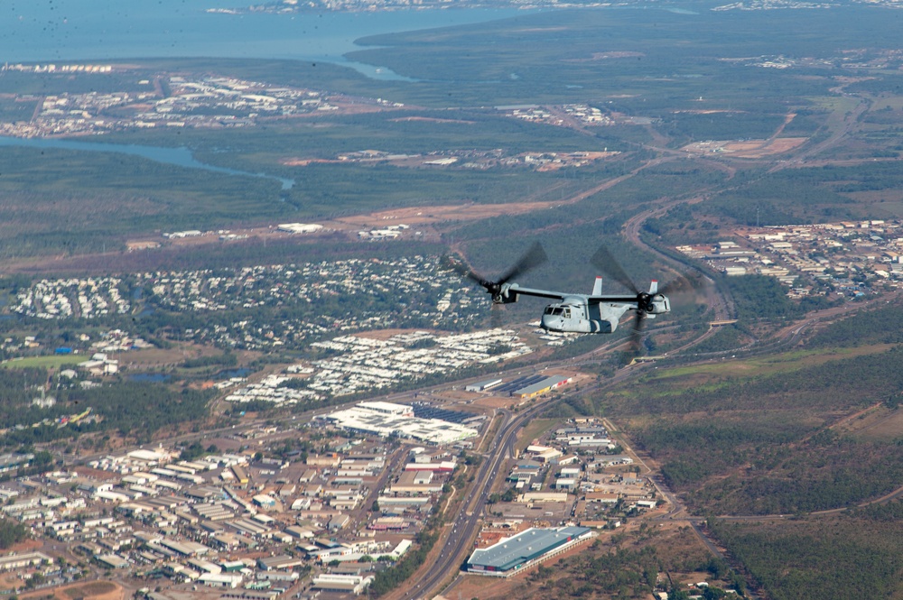 An MV-22B Osprey with Marine Rotational Force - Darwin flies over the Northern Territory
