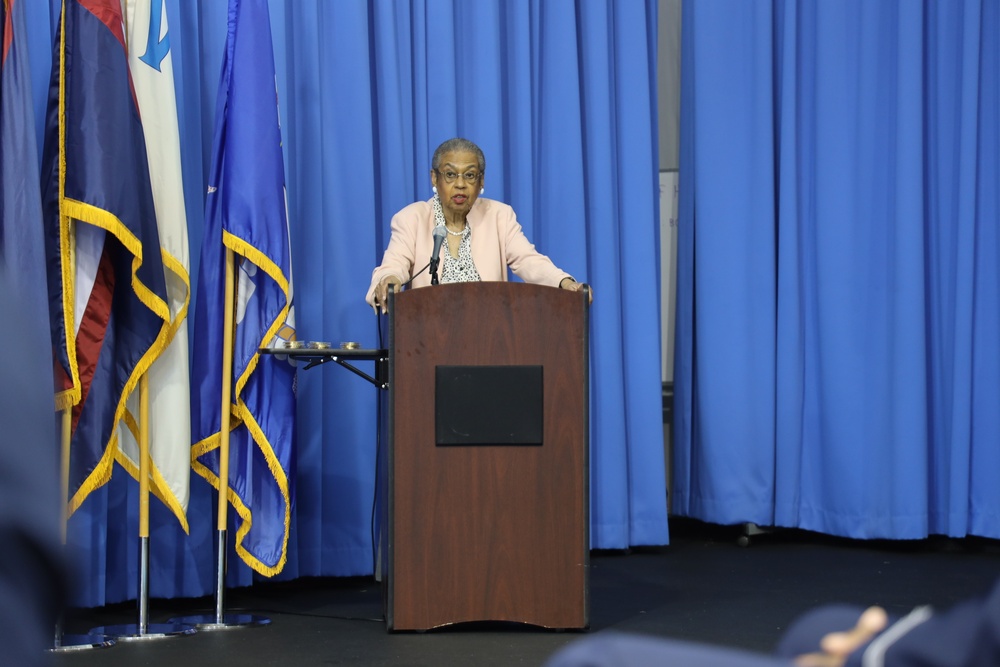 U.S Representative for the District of Columbia, Rep. Eleanor Holmes Norton speaks at the United States Air Force Honor Guard graduation at Joint Base Anacostia-Bollingat