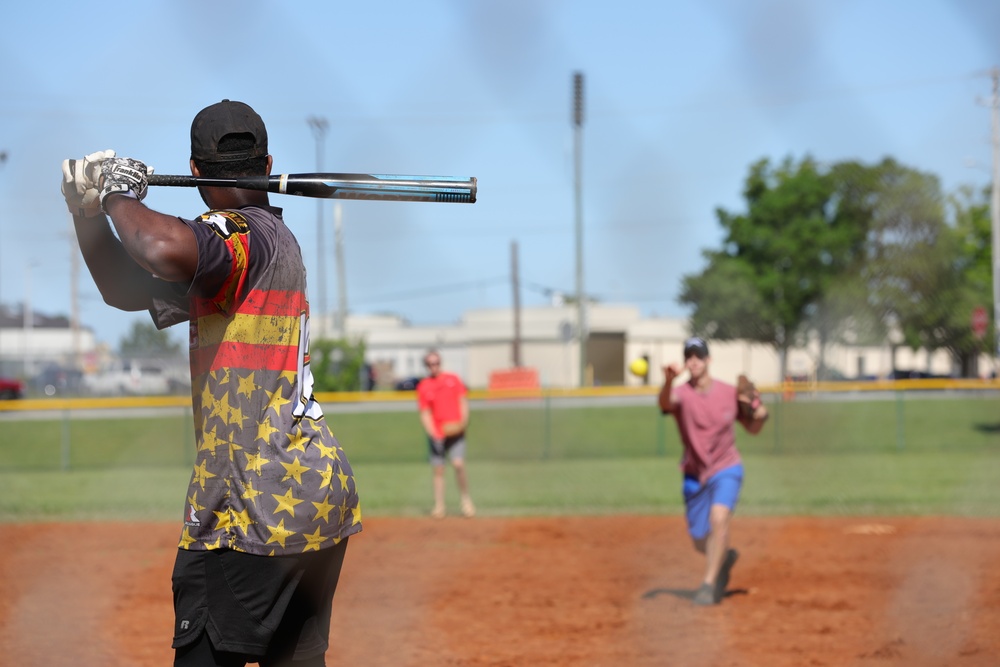 101st Airborne Division (Air Assault) Soldiers participate in softball event.