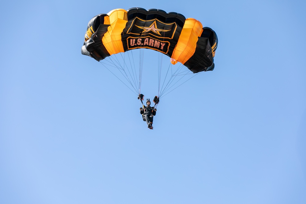 Parachutist on Army Golden Knights makes jump