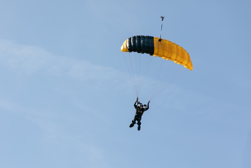 Parachutist on Army Golden Knights makes jump