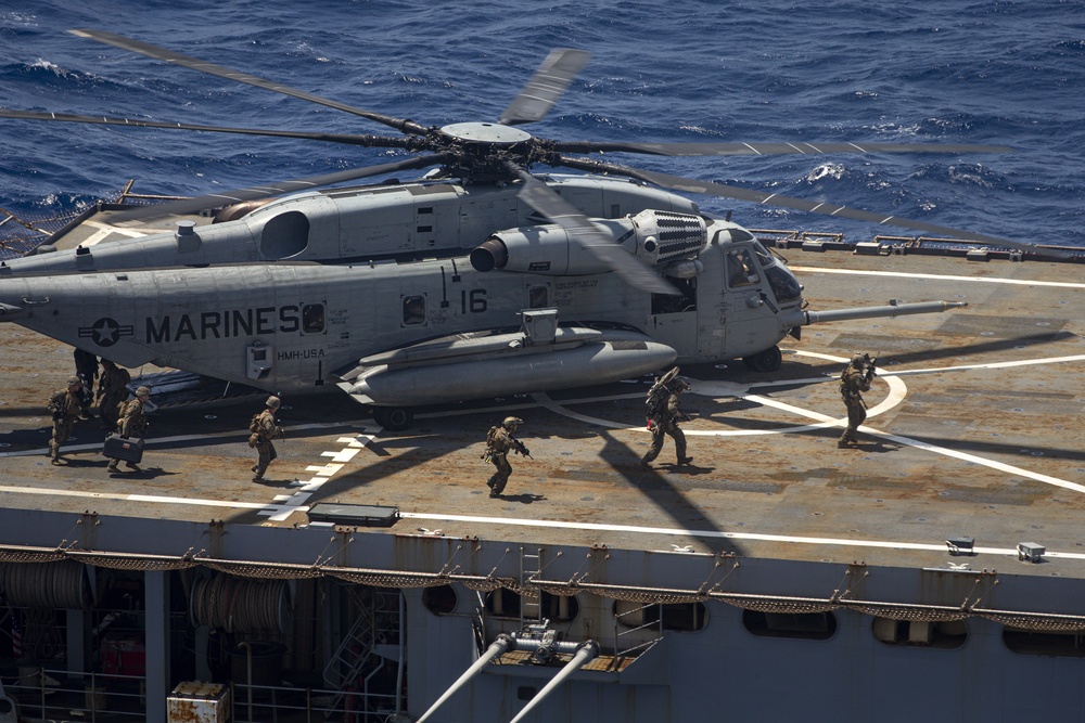 U.S. Marines conduct a Maritime Interdiction Operation training exercise aboard USS Germantown