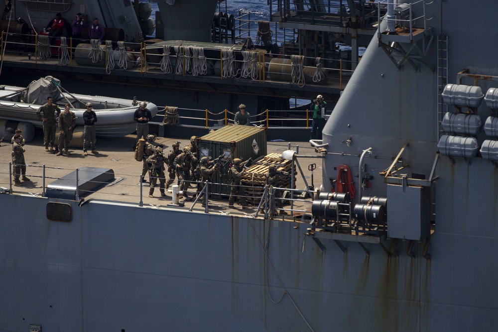 U.S. Marines conduct a Maritime Interdiction Operation training exercise aboard USS Germantown