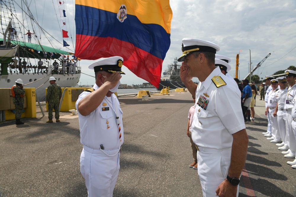 Commander of U.S. Naval Forces Southern Command/U.S. 4th Fleet Welcomes the commanding officer of the Colombian Navy training ship ARC Gloria to Naval Station Mayport