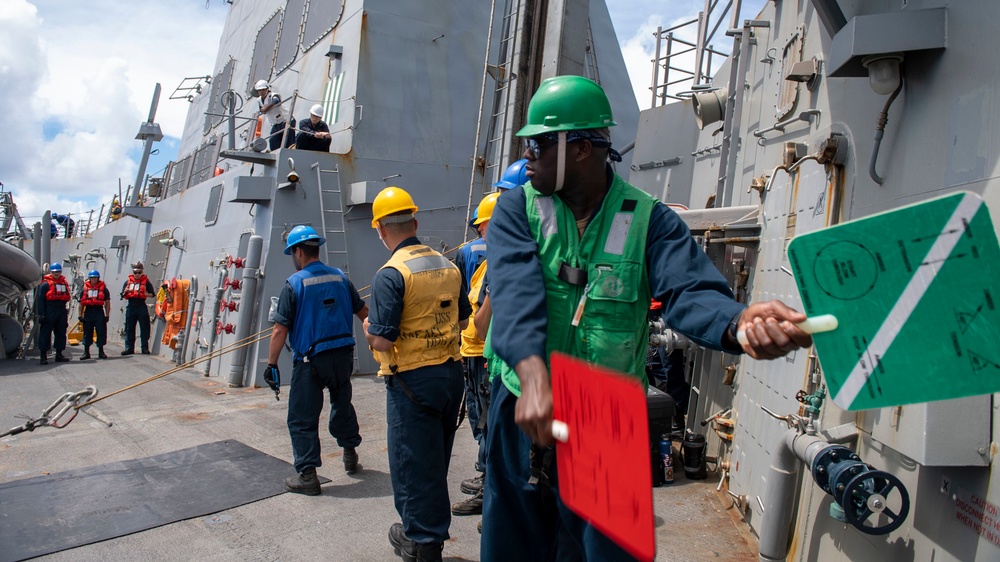 Seaman Jonathan Taylor, from Killeen, Texas, signals to detach the highline during a replenishment-at-sea