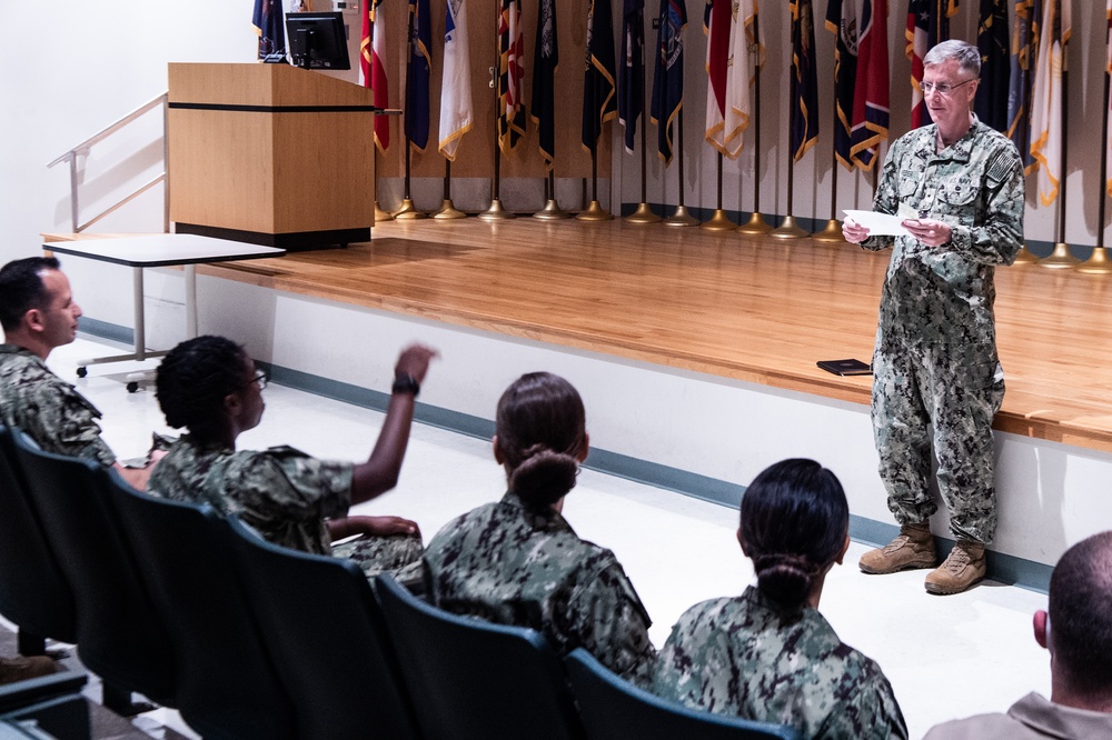 210628-N-TE695-0004 NEWPORT, R.I. (June 28, 2021) Naval Medical Forces Pacific commander speaks to ODS medical service corps students