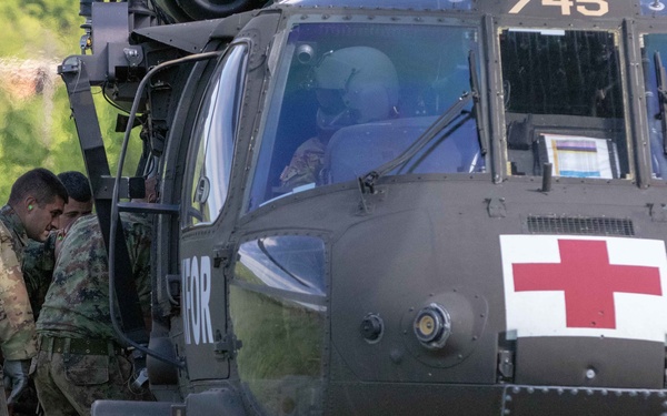 A military medical evacuation (MEDEVAC) helicopter, identifiable by the prominent Red Cross symbol on its fuselage, is landed in a grassy field. Several soldiers in camouflage uniforms are gathered at the side door of the aircraft, appearing to load or unload personnel or equipment. At least two crew members are visible in the cockpit.