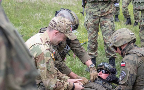 The image shows a multinational military medical training exercise taking place on a grassy field. Soldiers from at least two nations — identifiable by Polish and U.S. Army uniforms — are practicing casualty evacuation procedures using a litter/stretcher on a simulated casualty. Several other soldiers in various camouflage patterns observe the exercise from the surrounding area.