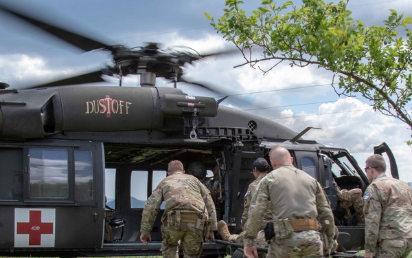 Military personnel in camouflage uniforms are loading a casualty on a litter into a UH-60 Black Hawk medical evacuation helicopter marked 'DUSTOFF' with a Red Cross emblem and tail number 439. The scene takes place in an open grassy field with mountainous terrain visible in the background. This appears to be either a MEDEVAC training exercise or an actual casualty evacuation operation.
