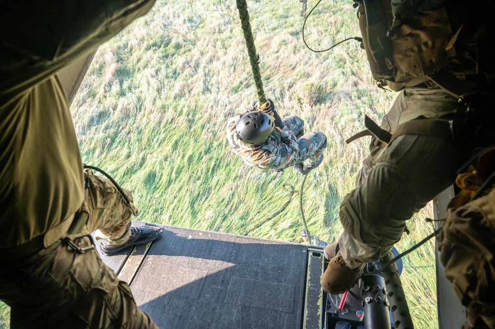 Multinational Special Operations Forces conduct fast-rope insertion and extraction training during exercise Sea Breeze 21.