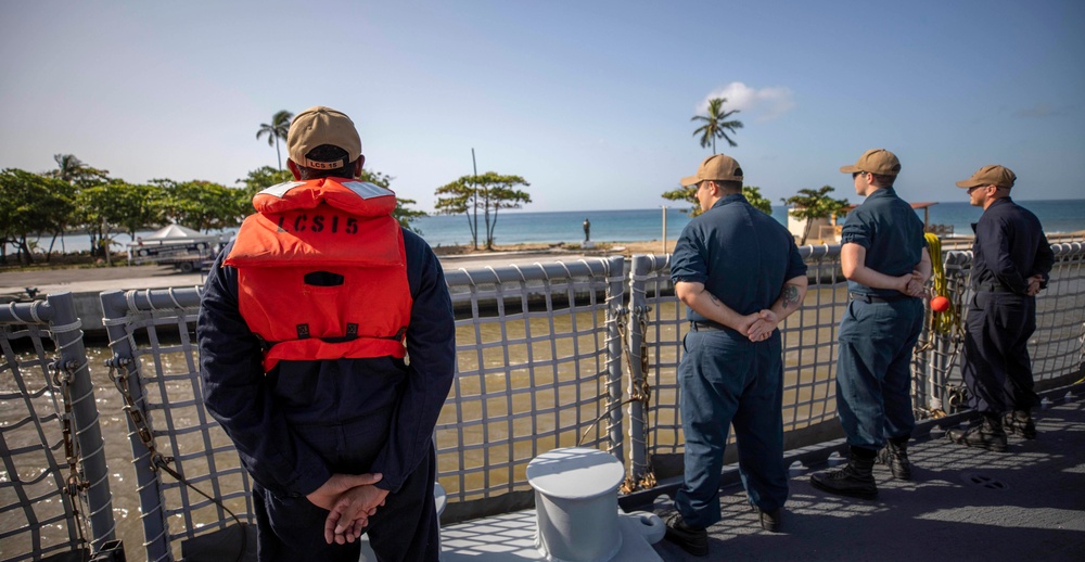 USS Billings Sailors Man the Rails as the Ship Pulls into Santo Domingo, Dominican Republic