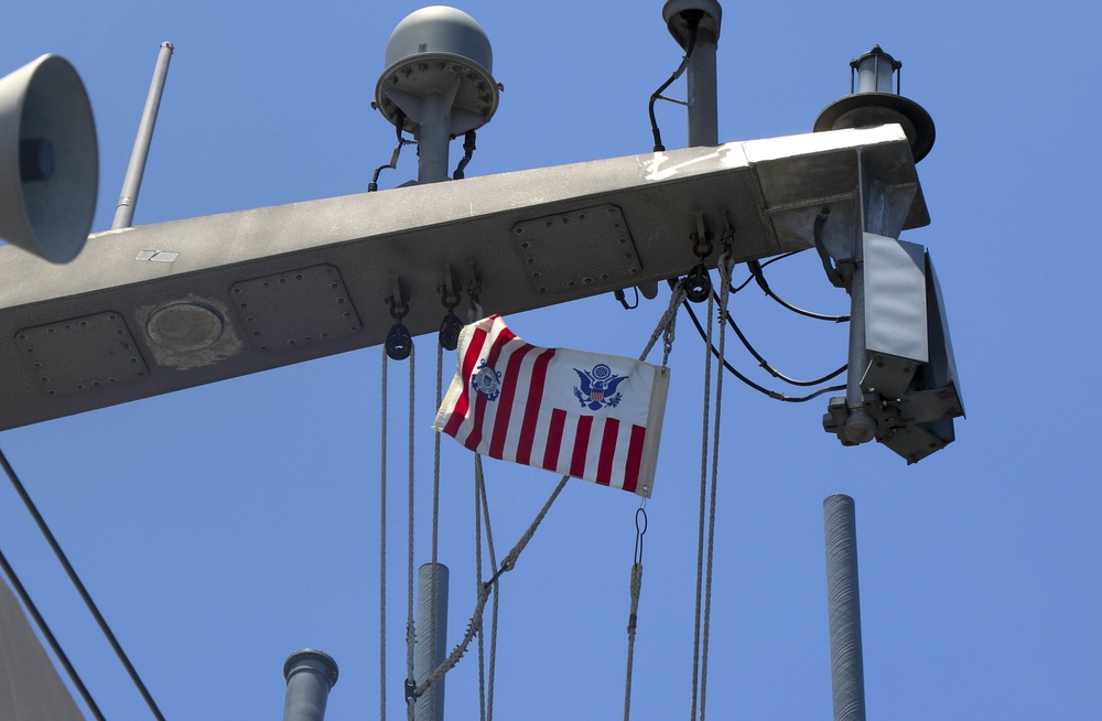 USS Billings Flies the U.S. Coast Guard Ensign as the Ship Transits the Caribbean Sea