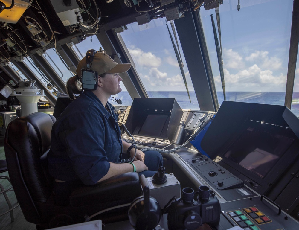 USS Billings Sailor Stands Watch in the Pilot House