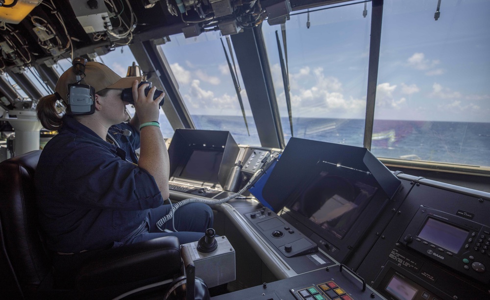 USS Billings Sailor Stands Watch in the Pilot House