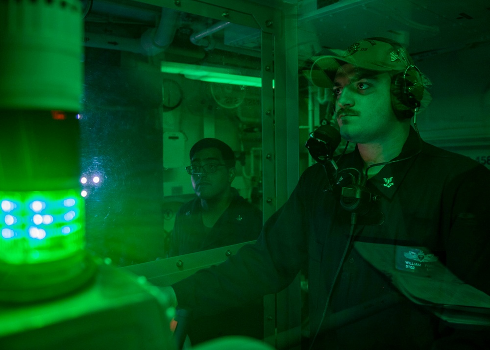 Sonar Technician 2nd Class William Ford from Mobile, Ala. operates the multi-function towed array wench