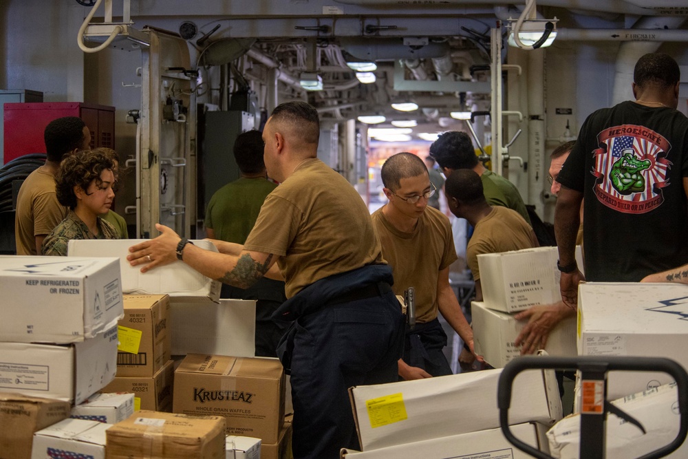 USS America conducts a replenishment-at-sea with the fleet replenishment oiler USNS Tippecanoe