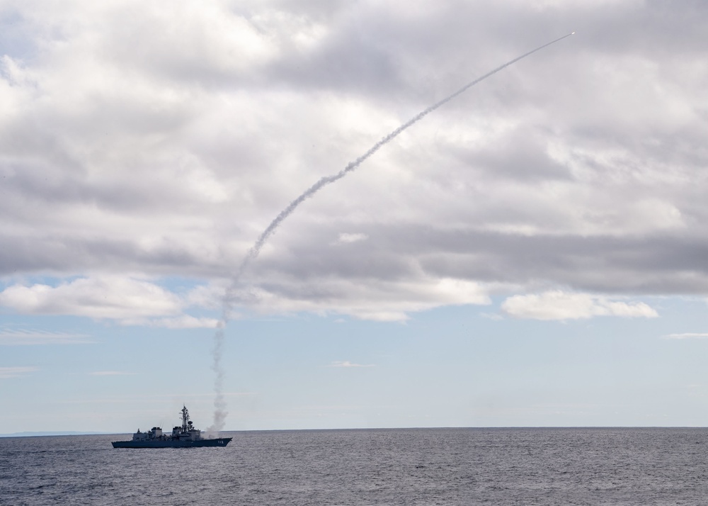 Japan Maritime Self Defense Force Takanami-class destroyer JS Makinami (DD 112) conducts a VLRIM-7M live-fire missile