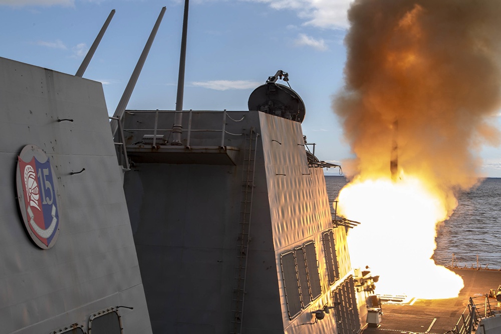 USS Rafael Peralta (DDG 115) fires a SM-2 missile during exercise Pacific Vanguard 2021
