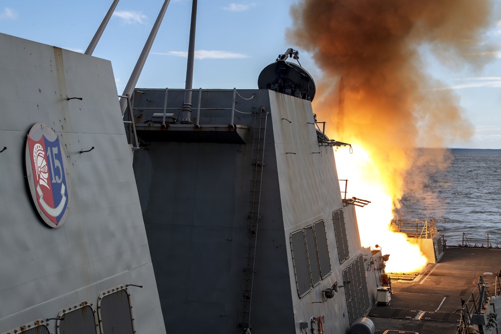 USS Rafael Peralta (DDG 115) fires a SM-2 missile during exercise Pacific Vanguard 2021