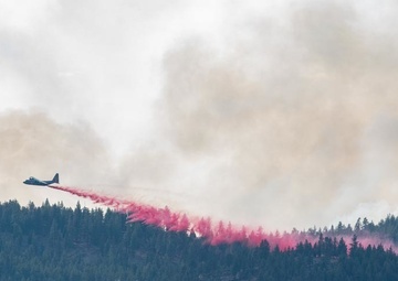 Air National Guard C-130 drops retardant on the Beckwourth Complex Fire July 9, 2021 near Frenchman Lake in N. California