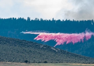 Air Tanker drops retardant on the Beckwourth Complex Fire July 9, 2021 near Frenchman Lake in N. California