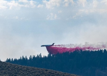 Air Tanker drops retardant on the Beckwourth Complex Fire July 9, 2021 near Frenchman Lake in N. California