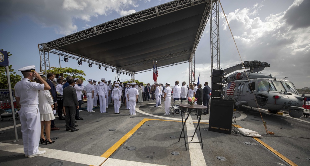 Honored Guests Stand for the U.S. National Anthem During a Reception on USS Billings