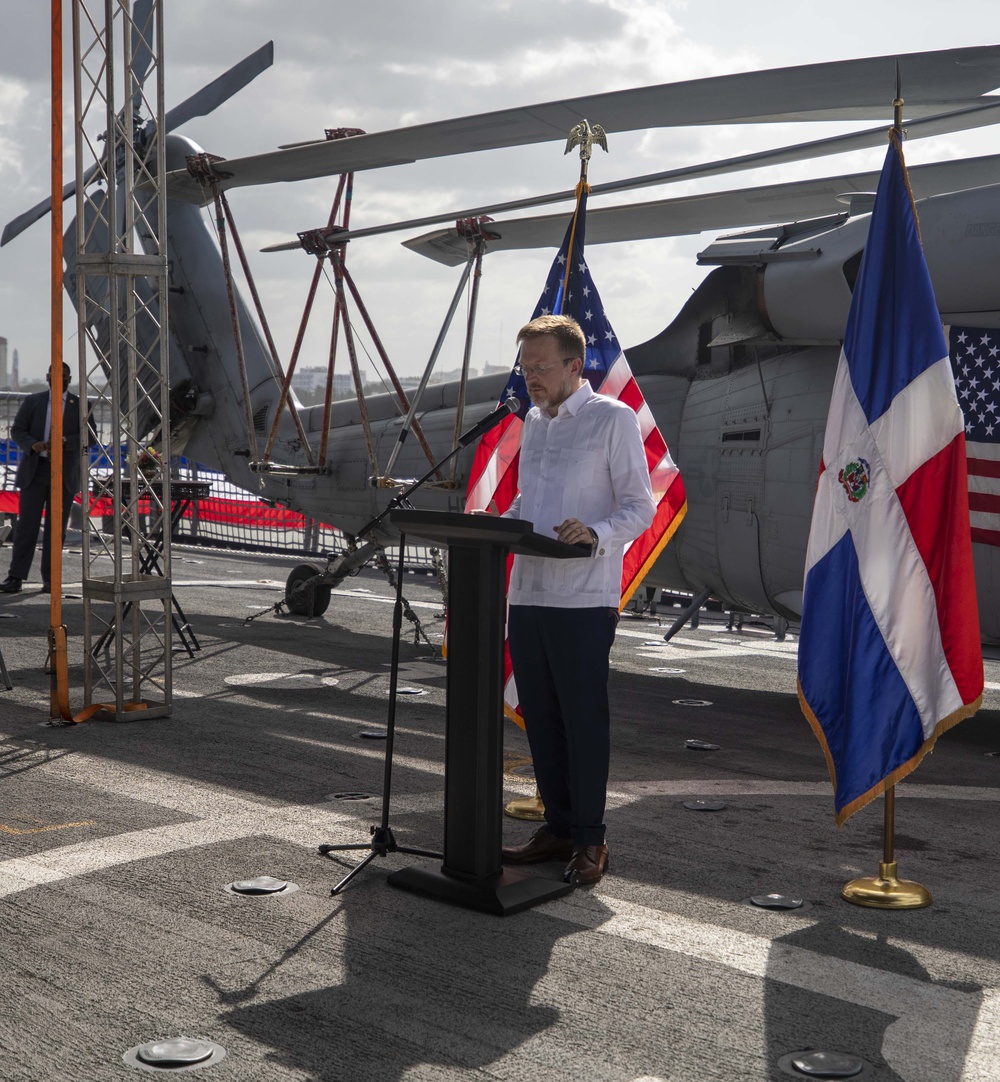 Chargé d’Affaires of the United States Embassy Gives Remarks During a Reception on USS Billings