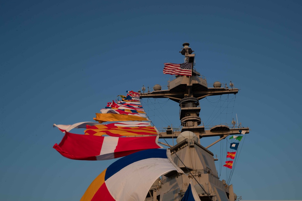 Gerald R. Ford displays a dressed ship for Independence Day