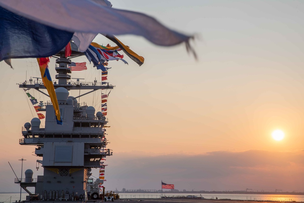 Gerald R. Ford displays a dressed ship for Independence Day