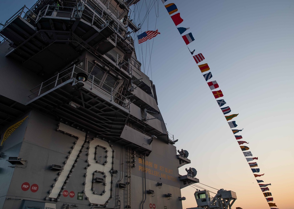 Gerald R. Ford displays a dressed ship for Independence Day