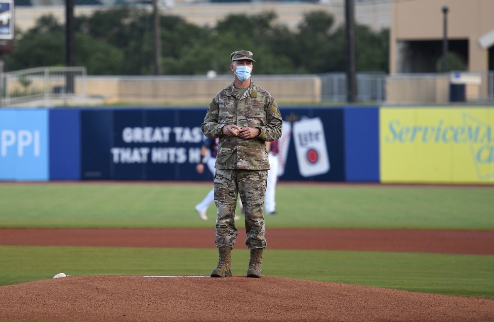 Keesler commander participates in Shuckers pre-game festivities