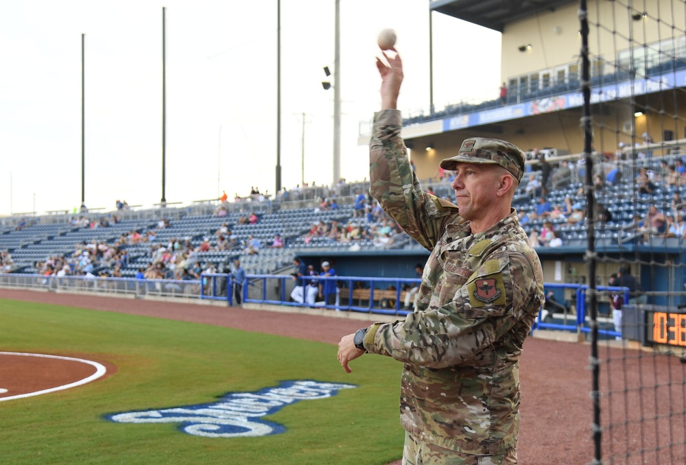 Keesler commander participates in Shuckers pre-game festivities