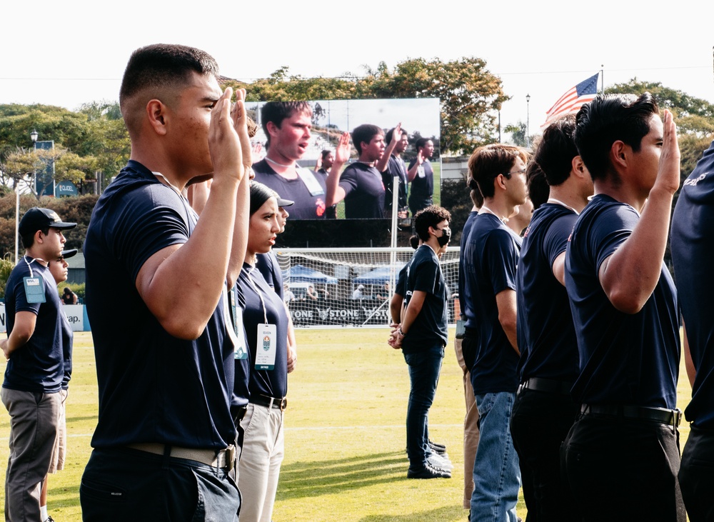 RS Orange County Future Marines participate in an oath of enlistment at San Diego Loyals game