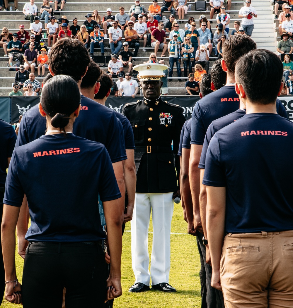 RS Orange County Future Marines participate in an oath of enlistment at San Diego Loyals game