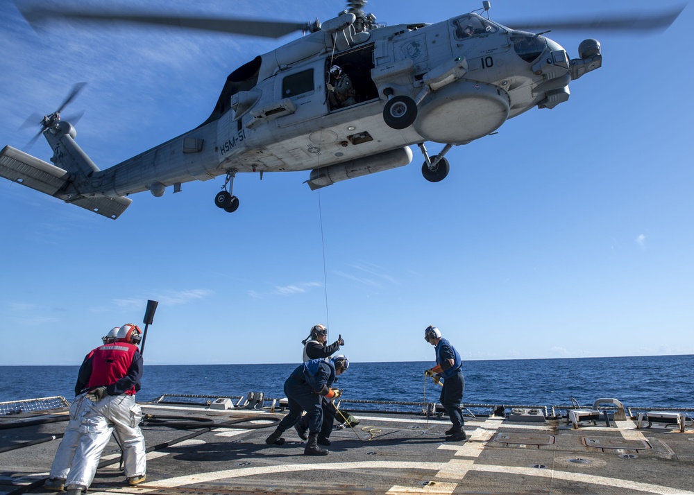 Sailors prepare to conduct a helo in-flight refueling (HIFI) with MH-60R Seahawk