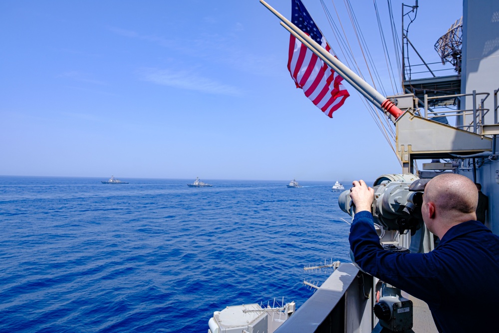 Ronald Reagan Strike Group and Iwo Jima Expeditionary Strike Group conduct trilateral operations with the UK and Dutch Naval Forces assigned to Carrier Strike Group 21 in the Gulf of Aden