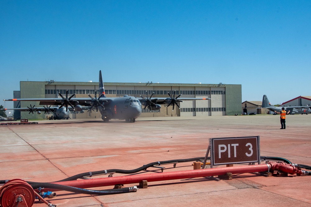 Air National Guard C-130, MAFFS 9 out of Reno, Nev. launches from McClellan Air Tanker Base, Sacramento, Calif.