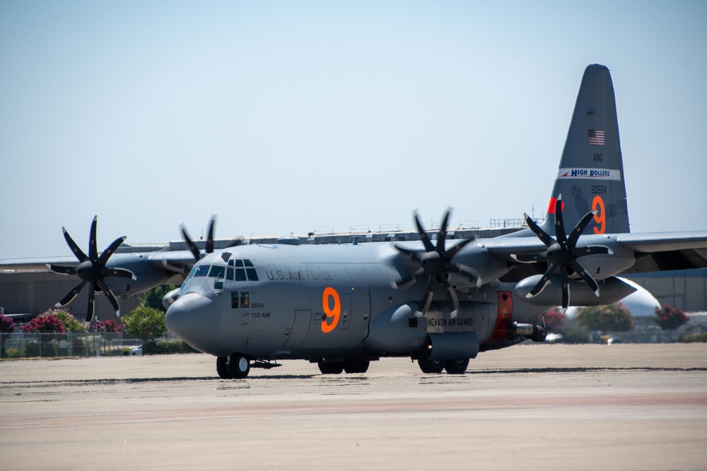 Air National Guard C-130, MAFFS 9 out of Reno, Nev., launches from McClellan Air Tanker Base, Sacramento, Calif.