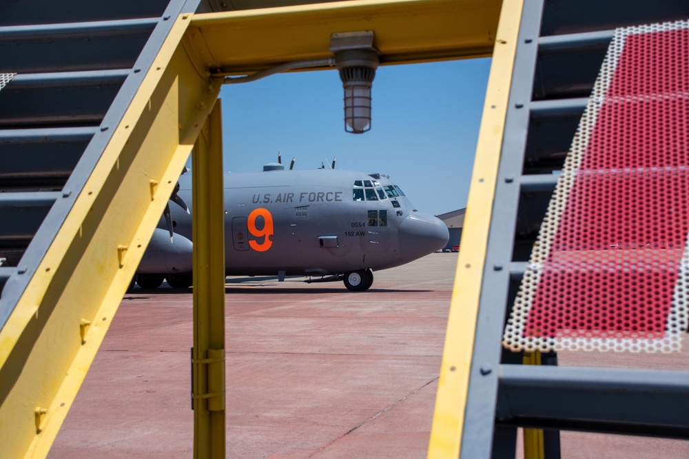 Air National Guard C-130, MAFFS 9 out of Reno, Nev. launches from McClellan Air Tanker Base, Sacramento, Calif.