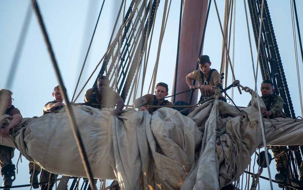 USS Constitution conducts sail stations