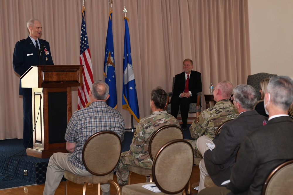 Mantz speaks during retirement